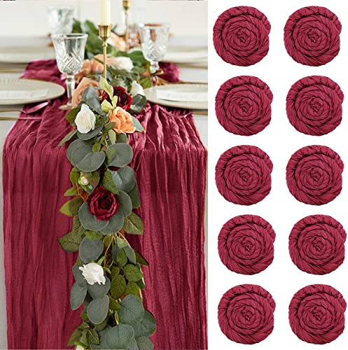 Käsetuch-Tischläufer, 10 Stück, 90 x 400 cm, Weinrot, Käsetuch-Tischläufer, Gaze-Tischläufer für Boho, Hochzeit, Brautparty, Geburtstagsfeier, Kuchen, Tischdekoration, Tischläufer, Weinrot
