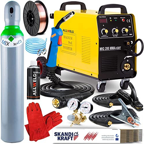MIG 200 KN - 200A MIG MAG Schweißgerät mit Schutzgas und Fülldraht - mit Induktivität, Lötschweißen und MMA-Schweißmodi - Schutzgasschweißgerät mit Fahrwerk - Set:Professional
