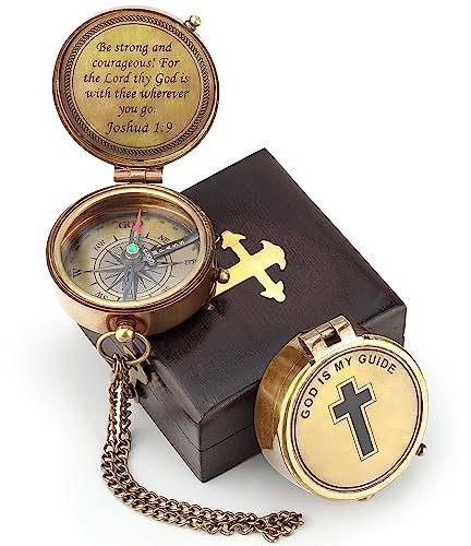 God is My Guide Kompass aus poliertem Messing, Geschenkbox mit Gravur, Gebetskompass, religiöses Geschenk für Männer und Frauen, Taufe, Konfirmation, Kommunion, Kompass für Jungen, Abschlussgeschenk