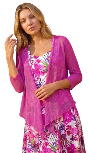 Roman Originals Women Textured Pointelle Shrug - Ladies Drop Needle Open/Tie Front Cropped Cardigan Lace Embellished Casual Summer Classic Cover Up Knitwear Cardie - Fuchsia Rose - Size 10