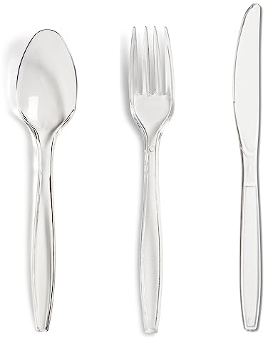 150 Pieces - Heavy Duty Reusable Clear Plastic Cutlery Set | Includes 50 Forks 50 Knives 50 Spoons | Dishwasher Safe BPA Free Tableware | Birthday Parties Buffets Picnics BBQ's Weddings