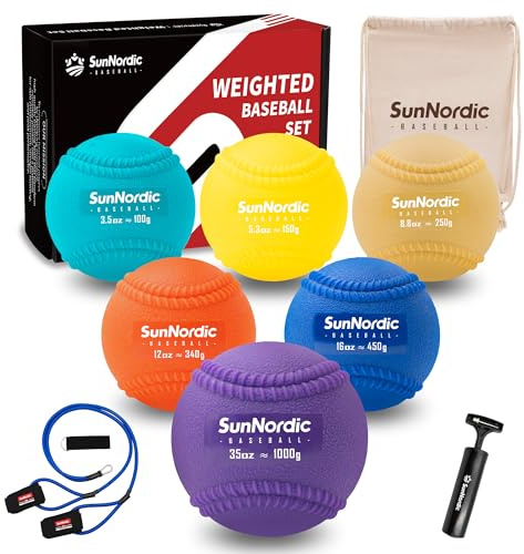 SunNordic 6/9-pack sömmar plyometriskt viktat basebollset (3,5-16/35/53/77 oz) - Plyo basebollar med variabel vikt för förbättrad kraft och pitchingträning – för alla färdighetsnivåer