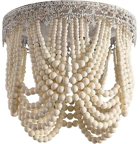 Bois Perlé Lustre Lustre Bohème Boho Plafonnier Lampe Luminaires Circulaire Rétro 110V 4 Lumières Bois Ferme Lustre Perles En Bois Pour Chambre À Coucher Cuisine Couloir E12 (Ampoule Non Incluse)