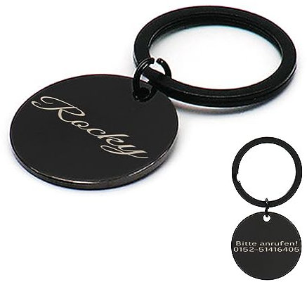 Tiermarke mit Gravur - Personalisiert mit Name - Namensschild für Halsband - Anhänger Marke für Hunde und Katzen - Dog Cat Tag (Schwarz, Ø 25mm)