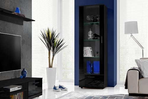 Komodee, Vitrine Schrank Alessandria, Schwarz/Schwarz, Breite 60cm x Höhe 192cm x Tiefe 42cm, ohne LED, 3 Glasböden, 1 Regal aus laminierter Platte, für Wohnzimmer, Schlafzimmer