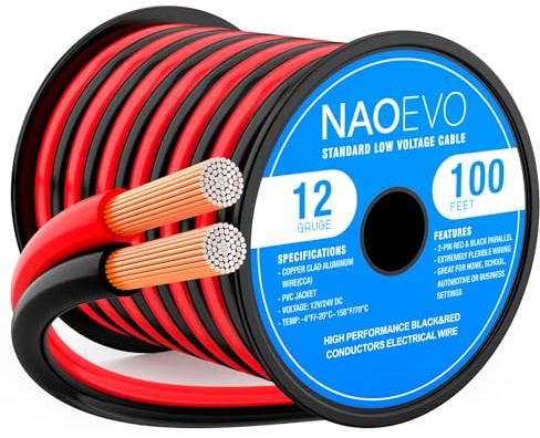 NAOEVO 12 Gauge Wire 100FT, 2 Conductors Electrical Wire Red Black Cable, Flexible/Low Voltage/PVC 12 AWG Copper Clad Aluminum Extension Cord for Speaker, LED Strips, Automotive 12V/24V DC