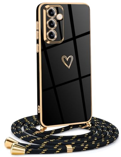Mkej Frauen Mädchen Handykette Kompatibel mit Samsung Galaxy S24 - Silikon Hülle mit Band - Handyhülle für Samsung Galaxy S24 Herz Love Design Galvanik - Hülle mit Kordel in schwarzes Gold