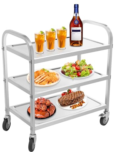 LUNICASHA Carro de servicio de acero inoxidable de 3 niveles, carrito de cocina con 4 ruedas, carrito de té para restaurante, hotel, escuela, cocina, capacidad de carga 20 kg