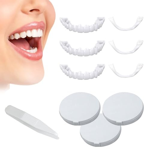 Zahnprothese,Veneers Zähne Set Oben und Unten,3 Paar Falsche Künstliche Temporäre Zähne,Kosmetische Zähne,Prothesen Gefälschte Zähne,Zähne Zum Aufstecken,Veneers Snap-on-Zähne(weiß)