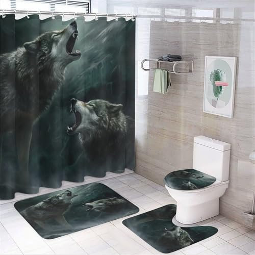 Duschvorhang Wolf Duschvorhang Tier Wolf Motiv Shower Curtains Wasserdicht Polyester Stoff Duschvorhang Badezimmer Teppich 4-teiliges Set Mit 12 Haken, 183x183cm (schwarz,183x183cm)