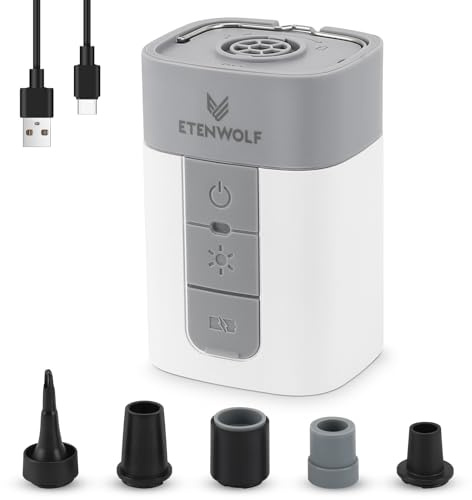 ETENWOLF Air Pump for Inflatables, 10400 mAh Portable Electric Air Pump with Camping Light, 4X Quick Inflator & Deflator, 720 L/min Pump for Pool Floats, Air Mattress, Vacuum Storage Bags (White)