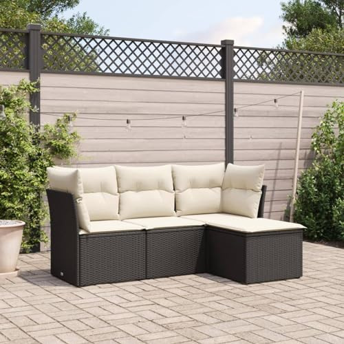 Faroom Balkon Ecklounge mit Stauraum Gartenlounge Klein Balkon Lounge Rattan Sofa Balkonsofa Kleiner Balkon Sitzecke Balkon Loungemöbel Gartensofa Ecksofa Balkonmöbel Schwarz und Creme 4-tlg-Type-525