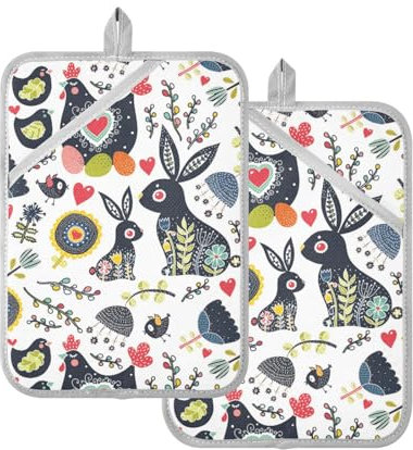 Presine da cucina resistenti al calore con tasche per pentole calde e forno, confezione da 2 simpatici conigli pasquali
