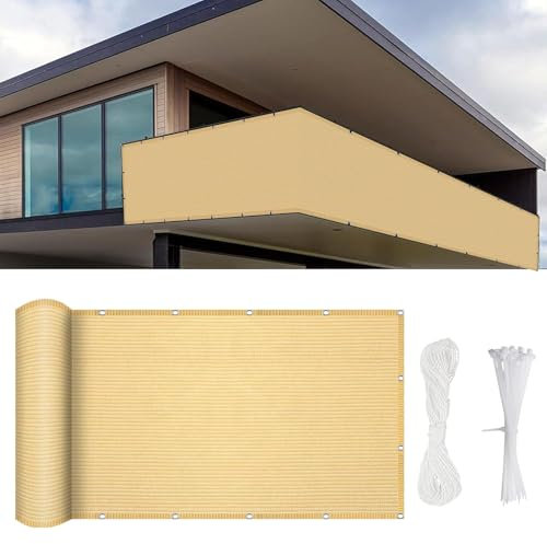 Balkon Sichtschutz, Balkonabdeckung 900 x 90 cm Blickdichte Wind Uv-Schutz, Blickdichte Balkonbespannung, mit Kabelbinder Und Kordel, für Camping Swimming Pool, Sandgelb