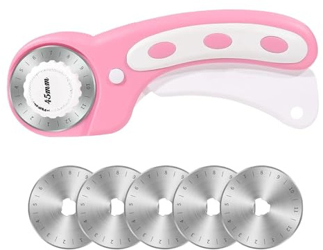 Cortador giratorio ergonómico de 45 mm, cortador giratorio de corte de tela de 45 mm con mango ergonómico, cortador de cambio rápido, botón de seguridad para acolchar, apliques, cuello