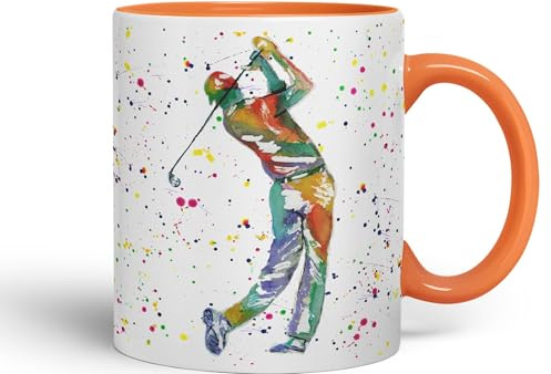 Vixar Tazza in ceramica colorata per golf, golf, sport, acquerello, hobby, per tè, caffè, birra calda, 330 ml, regalo (arancione)