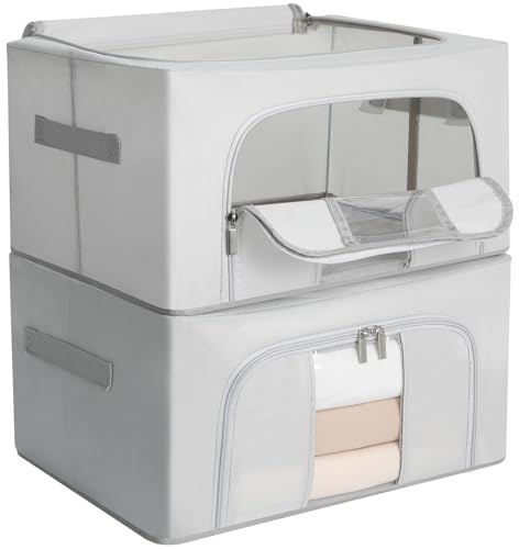 AiQInu 2 Pezzi Scatole per Armadio con Cerniera, 24L Organizzatore Armadio con Struttura in Metallo Pieghevole, Scatole per Vestiti Impilabili, per Trapunte Coperte Biancheria - 40 x 30 x 20 cm