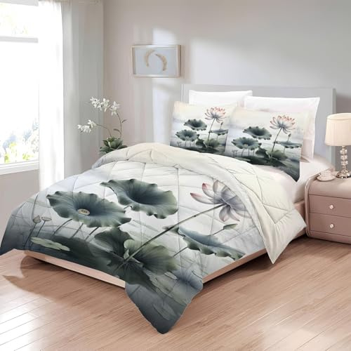 Boceoey Lotus Bettdecke 200x220 4 Jahreszeiten - Bettdecken Japanischer Stil - Ganzjahresdecke Blumen - Waschbare Bettdecke ohne Bezug Nutzbar - Wende Muster Steppdecke mit 2 Kissenbezug - U-733