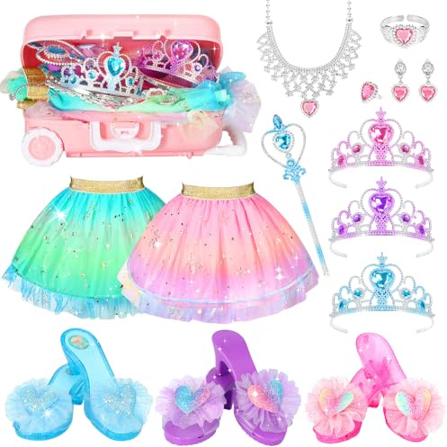 19 Pcs Princess Dress Up Shoes Gift Set, Girls Role Play Dress Up Toys & Costumes Set, Toddler Pretend Jewelry Boutique Kit Gift for Little Girls Aged 3 4 5 6 Years Old