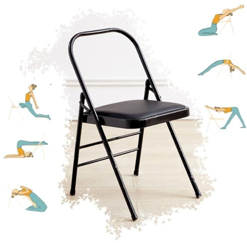 Yoga-Stuhl für Gleichgewichtstraining und Rückenschmerzlinderung, tragbarer klappbarer Yoga-Hilfsstuhl mit Rückenstütze (Schwarz)