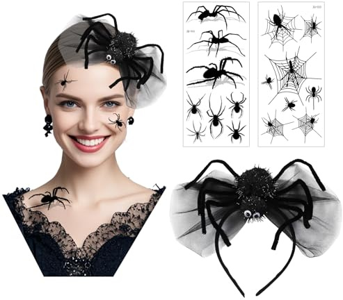 ASFWAGQ Spinnen Haarreif Halloween mit Tattoos Kopfschmuck Halloween Kostüm Accessoires Spinnen Haarschmuck für Damen Karneval Maskerade Fasching Cosplay Dress-up