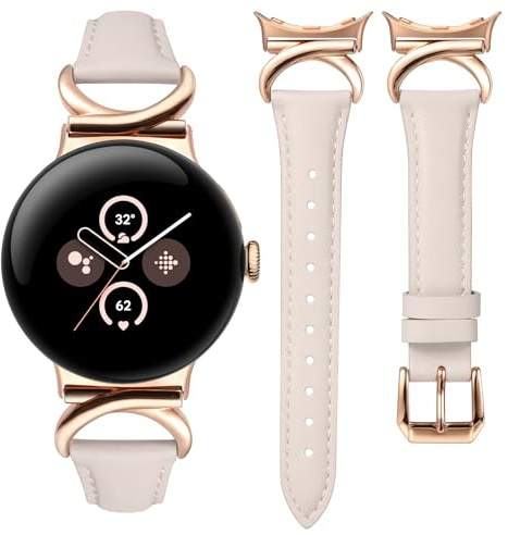 Minyee Leather Bands Compatible with Google Pixel Watch 3 41mm/Pixel Watch 2/Pixel Watch 1 Band Women, Slim Thin Dressy Designer Premium Leather Strap with C-Shape Metal Buckle for Pixel 2 Smartwatch