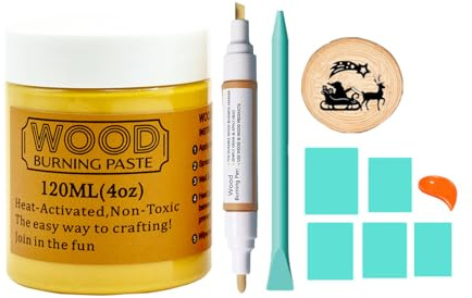 Wood Burning Paste Pen Kit 8pcs, 4OZ Wood Burning Gel with Pen, 6pcs Squeegees, Heat Activate Paste for Craft Stencil, Etching Cream Wood Burning Design for Beginners DIY on Wood, Canvas, Denim