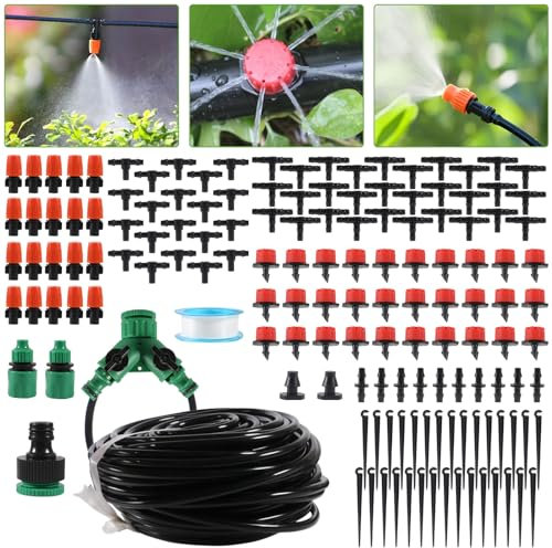 98FT Drip Irrigation System, Micro Garden Drip Irrigation System with 1/4 inch Tubing & Adjustable Misting Nozzle Sprinkler, Automatic Watering System for Greenhouse, Yard, Lawn, Plant