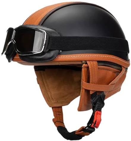 Vintage Motorradhelm Open Face Leder-Helm Winddichter Motorrad Roller Helm Mit Brille Jethelm Straßenhelm Für Damen Und Herren ECEDOT Zertifizierung Halbschalenhelm 4,M:57-58CM
