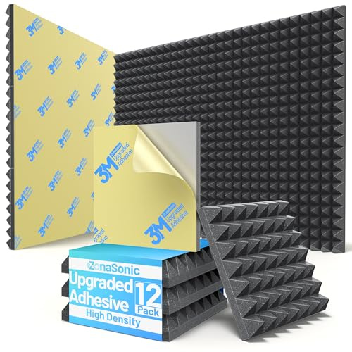 12 Pack Pyramid Sound Proof Foam Panels for Walls with Updated Self-Adhesive 2X12X12 High Density Acoustic Panels Sound Absorbing Fast-Expanding Soundproof Wall Panels for Gaming Studio Decor-Black