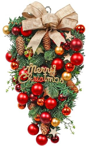 Guirnalda de lágrima de cono de pino con adornos rojos, lazo dorado, guirnalda de pino artificial, decoración colgante de Navidad de 61 cm