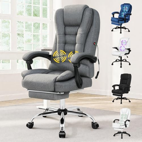 ALFORDSON Bürostuhl Chefsessel Massage, Ergonomisch Schreibtischstuhl Ausziehbare Fußstütze,PC-Stuhl Rückenlehne 90-150° neigbar,höhenverstellbarer 360° Drehstuhl,Besprechungsstuhl, Stoff, Grau