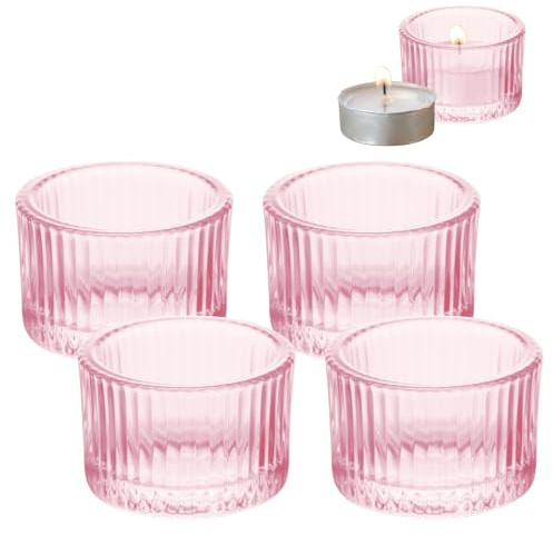 Lot de 4 bougeoirs en verre cannelé pour bougies chauffe-plat de Noël en verre nervuré pour centre de table de Noël, décoration de fête (rose)
