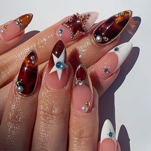 Nymora 24 Stück Press on Nails, Jelly Gel Set, Fake Nägel mit 3D Gold Chrom Kante, Nägel Press on für Frauen Mädchen - Weihnachten