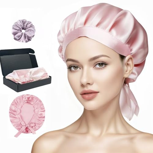 NEUJUS 100% Maulbeerseide Schlafhaube – Seidenhaube zum Schlafen, Verstellbare & Atmungsaktive Silk Bonnet für Damen, Haarhaube Seide für Lange Haare, Rutschfeste Nachtmütze Haarpflege (Rosa)