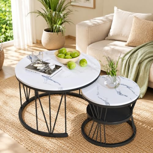SUNFECILI Soffbord runt set om 2, marmorerat utdragbart bord, runt soffbordsset, bord med metallram och marmorbänkskiva, set om 2 moderna soffbord för vardagsrum kontor balkong