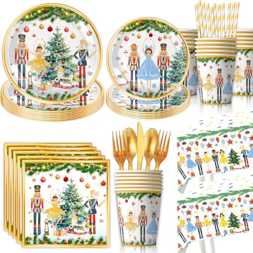 Vaisselle de Fête de Noël, Décoration de Casse-Noisette Anniversaire, Assiettes de Noël, Verres, Nappe, Bannière pour Fête-52pcs