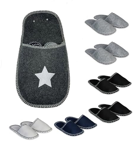 Relaxdays Zapatillas de casa 6 Pares con Bolsa Estrellada, Suela Antideslizante, Fieltro, Tallas 36-45, Color Variado (5