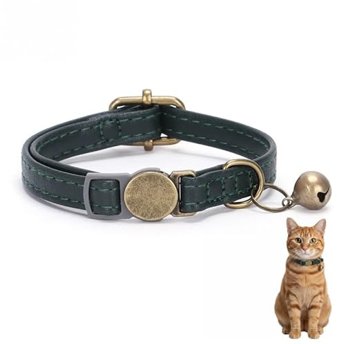 Katzenhalsband mit Glöckchen, Leder Grün, Verstellbar 15-35 cm, Leicht | Nur 18 g, weiches Leder, elastischer Abschnitt, Glöckchen inklusive