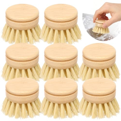 8Pcs Bamboo Dish Brush Replacement Heads, Sisal Bristle Refills, Agave Cactus Fibres, Kitchen Eco Scrubber Washing Up Brush Heads Bristle Brushes Refills Wooden Dish Brushes for Cleaning