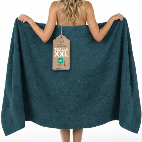 Twinzen stor badhandduk 100x200 cm - 200x100 badlakan i 100% bomull, absorberande och mjukt, med upphängningsögla, OEKO-TEX-certifierad, blå
