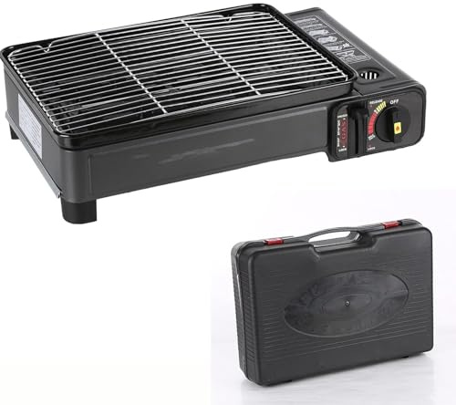 Parrilla portátil de gas butano, mini barbacoa de propano de mesa, llama ajustable con bolsa de transporte, bandeja de goteo y pinchos para camping, cocina al aire libre, patio, fiesta