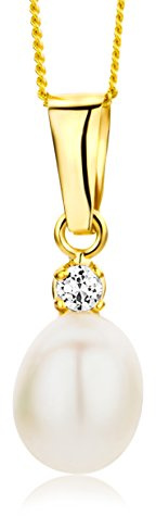 Miore Kette - Halskette Damen Kette Gelbgold 9 Karat / 375 Gold Süßwasserperle mit Rundschliff Zirkonia Steinchen 45 cm