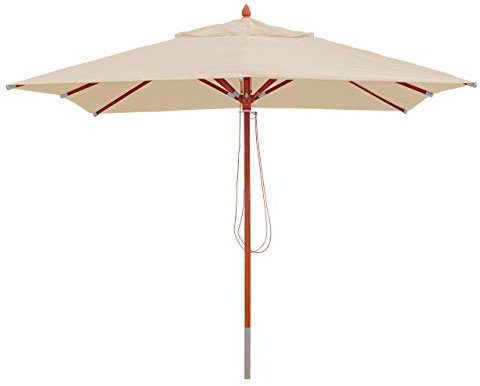 Mendler Gastronomie Holz-Sonnenschirm HWC-C57, Gartenschirm, Polyester/Holz 14kg, eckig 3x3m Seilzug stoßsicher - creme
