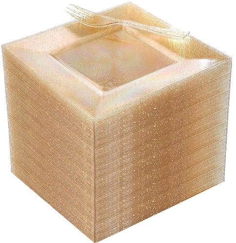 DaYammi 200Pcs Gold Dessert Plates Including 100Pcs Appetizer Plates 6,100Pcs Plastic Forks 5.7,Gold Glitter Plastic Square Plate for Party,Gold Salad Plate and Cake Forks for Party Wedding