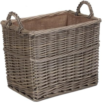 Large Rectangular Hessian Lined Wicker Log Storage Basket
