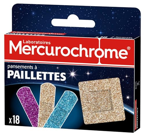 Mercurochrome - Pansements à paillettes - Petites blessures, Coupures et Eraflures - Résistant à l'eau - Ne colle pas à la plaie - 2 formats - 3 couleurs - Premiers secours