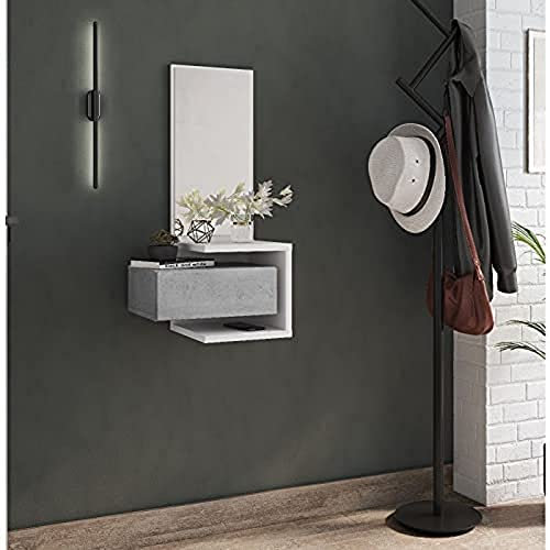 Dmora - Eingangsmöbel mit Spiegel, Flureingang mit Schublade und Regal, Taschenleerer für kleine Wohnungen, 43x32h90 cm, Farbe Weiß und Beton