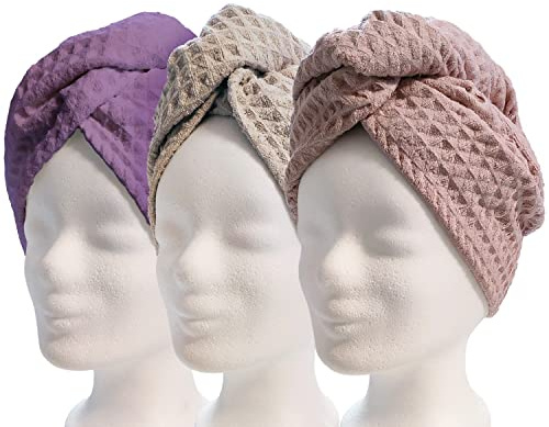 Lead Care Haarturban, Turban, Haartrockentuch, 3er Set - schnell trocknendes Mikrofaser Trockentuch mit Knopf (3er Set weiß, Creme, rosa) (violett, Creme, rosa)