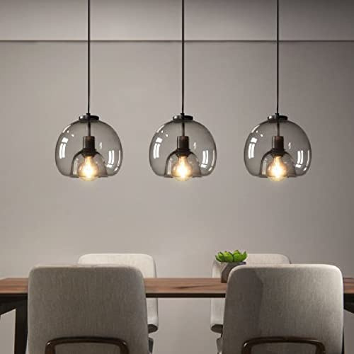 PTWFWI Pendant Light Fitting Modern Black Ceiling Light 3-Light Pendant Light E27 Hanging Lights with Globe Smoky Grey Glass Lamp Shades for Dining Room Living Room Kitchen Island, Max. 60W, 60x120cm